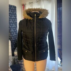 Girls Black Quilted Jacket with Faux Fur Hood winter coat sleeve zip 14 16